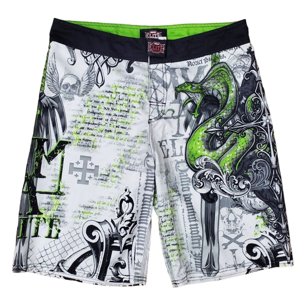 MMA ELITE Shorts Mens XL White Black Tribal Snake Kickboxing Ju Jitsu Training